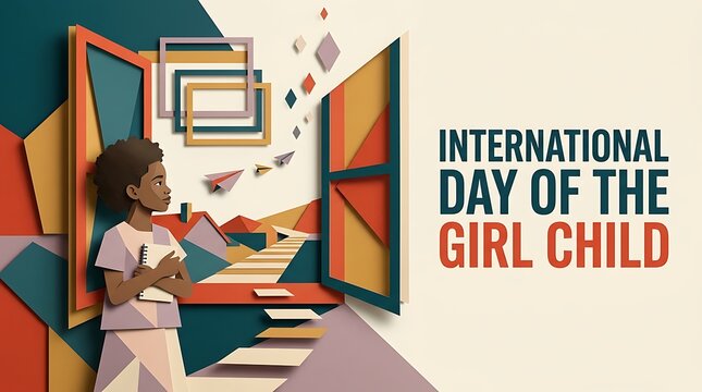 International Day of the Girl Child, geometric low poly illustration, young African schoolgirl writing in notebook, colorful abstract banner design