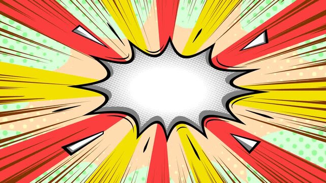 Comic book explosion opening animation with red, yellow, green rays, halftone, central copy space