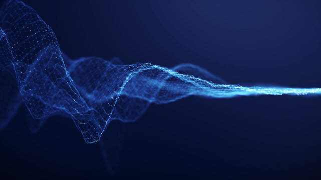 Massive big data streams move through a complex digital network, representing big data processing, filtering, sorting and analysis that transform unstructured data into valuable business insights