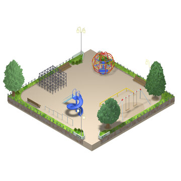 【アイソメトリック素材】児童公園・正方形　透明PNG