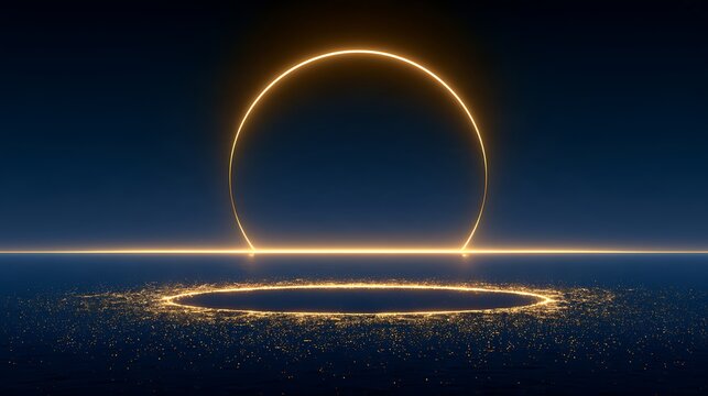 A giant floating circular gold light ring suspended above a smooth midnight blue reflective plane, thin luminous horizon stretching into infinity,