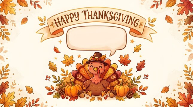 Happy thanksgiving greeting card background with a cute cartoon turkey and autumn leaves border design