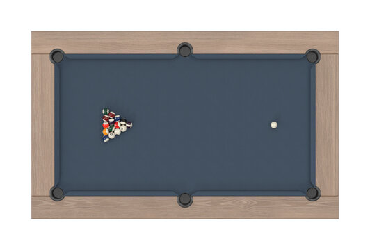 Top-down view of a pool table with racked billiard balls and a cue ball on blue felt