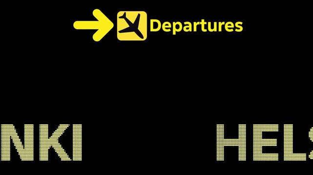 Scrolling Yellow Dot-Matrix &ldquo;Helsinki&rdquo; Text Beneath Airport Departures Icon and Arrow &ndash; Modern Digital Departures Style Animation for Travel Videos and Stock Footage