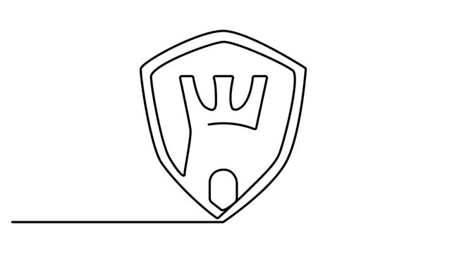Animated self drawing of continuous one line drawing of Security, protection, shield, and castle icons, line style, black and white, Full length one line animation. 4K video