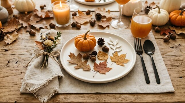 Festive thanksgiving table setting with small pumpkins autumn leaves candles and rustic wooden background for holiday dinner