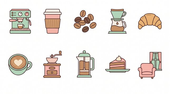 Coffee shop flat line icon set with cafe elements cake and croissants
