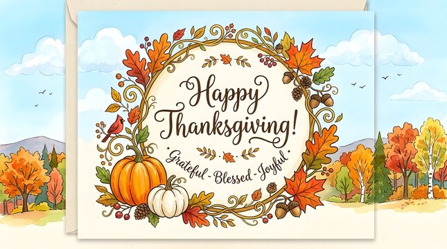Watercolor illustration of a festive autumn wreath with pumpkins and leaves for a happy thanksgiving greeting card