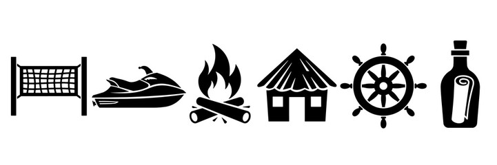 Black icons of beach theme with jet ski, bonfire and nautical helm © Zohan