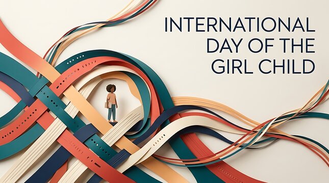 International Day of the Girl Child concept, colorful curly ribbons interwoven with small girl figure, white background