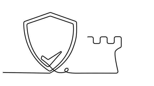 Animated self drawing of continuous one line drawing of Security, protection, shield, and castle icons, line style, black and white, Full length one line animation. 4K video