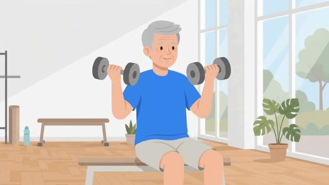 Senior man exercising with dumbbells in flat vector style