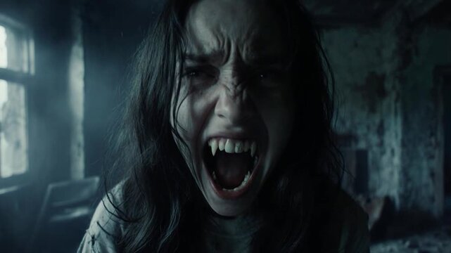 Terrified woman screaming in abandoned building atmospheric lighting cinematic horror scene