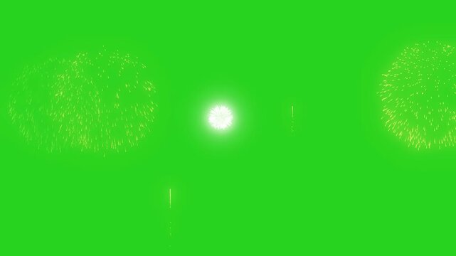 Gold and white fireworks bursting and sparkling on green screen, festive celebration fireworks display seamless loop