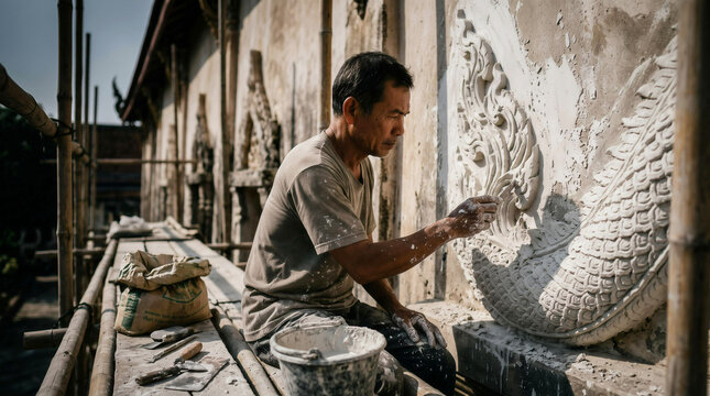 Asian master craftsman sculpting traditional Thai stucco serpent motif on temple wall scaffolding