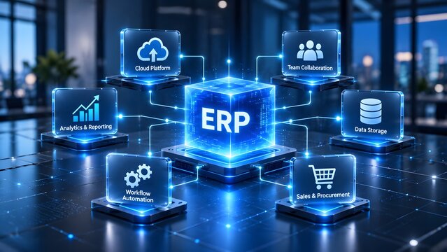 Futuristic 3D Visualization of Enterprise Resource Planning ERP System Concept with Connected Modules for Cloud Platform Analytics Workflow Automation Collaboration Data Storage Sales and Procurement
