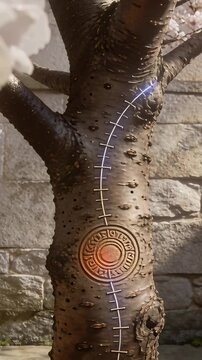 Vertical video: Glowing medallion sending spark along stitched seam on garden trunk