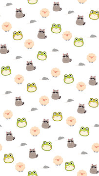 Cute cartoon animals pattern with frogs, raccoons, sheep, and mice