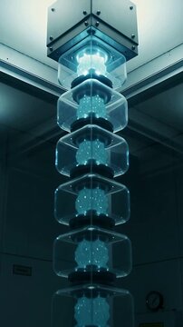 Vertical video: Pulling back camera revealing stacked modules powering up in lab