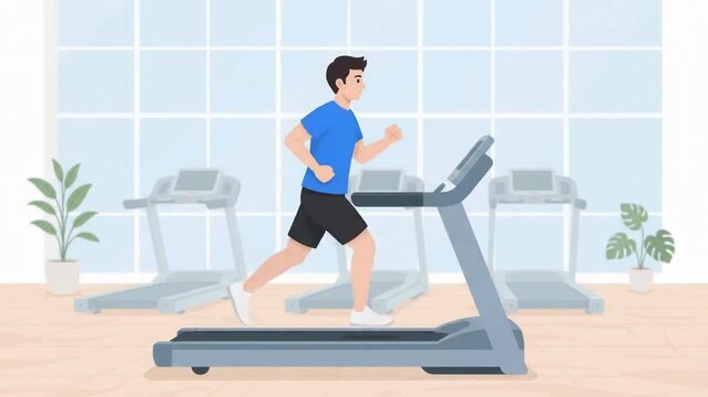Man running on treadmill animation in flat vector style