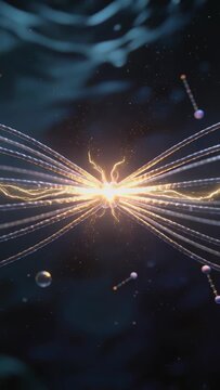 Vertical video: Glowing inner core sparking braid emitting plasma arcs in blue void, beads glowing