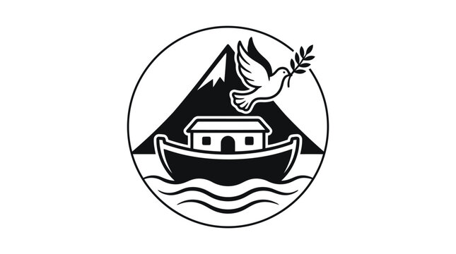 Noah ark with a dove and olive branch inside a circular frame with a mountain background, black and white