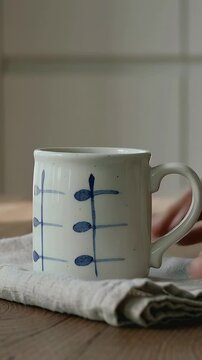 Vertical video: Cupping hands rotating blue mug on kitchen table, placing handle to right