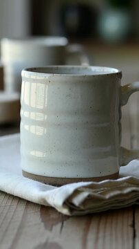 Vertical video: Gripping male hands rotating speckled ceramic mug on wood table, placing on napkin