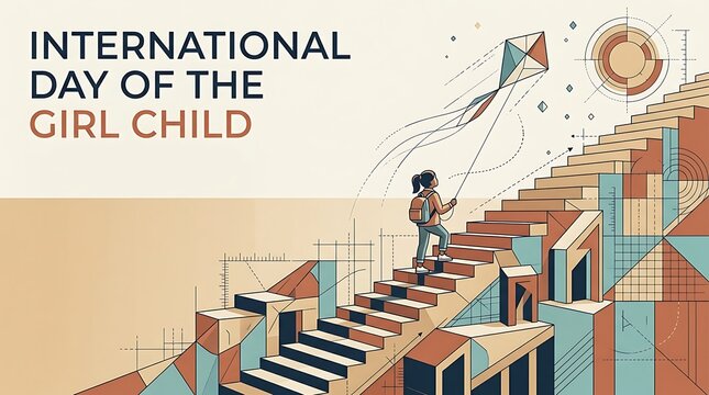 International Day of the Girl Child, girl flying kite on architectural staircase, modern geometric illustration, flat vector style, empowerment and growth concept