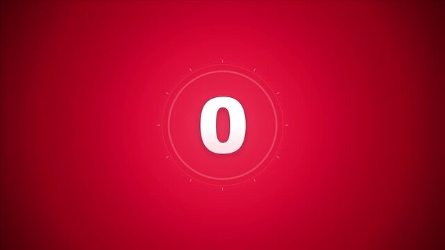 5 Second Countdown Timer Animation on Minimalist Red Background, 5 to 0 Countdown Sequence, Digital Number Countdown from Five to Zero