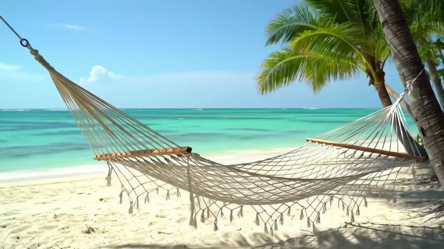 The Image Shows A Beautiful Beach Scene With A Hammock Hanging Between Two