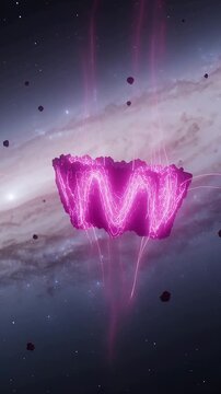 Vertical video: Pulsing waveform tracing jagged floating rock in space, emitting magenta tendrils