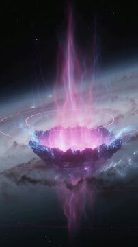Vertical video: Glowing floating bowl sparking pink plume over clouds making rings as energy rising