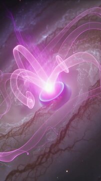 Vertical video: Pulsing circular base sending magenta beam and ribbons in dark nebula