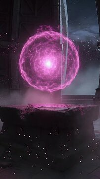 Vertical video: Rising small point from plinth crack forming magenta orb in temple, emitting rings