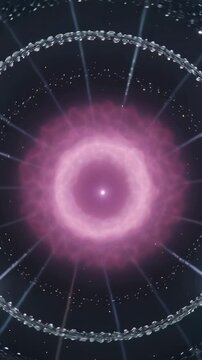 Vertical video: Opening magenta core pulsing, beads turning and beams flaring in simulated space
