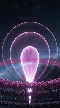 Vertical video: Erupting tip sparking pink column rising, settling in mist basin with halos, rings