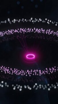 Vertical video: Pulsing magenta ring beaming up in dark space scene, forming canopy and particles