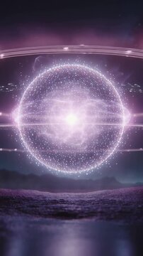 Vertical video: Forming from core, luminous sphere settling into glow above shore with ring