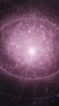 Vertical video: Energizing pink-purple core powering rings rippling in space with orbiting nodes