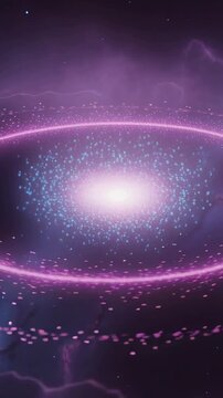 Vertical video: Playing luminous core pulsing and rotating in space, with pink ring and cyan sparks