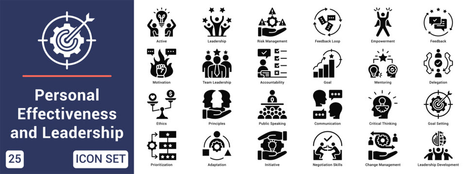 Personal Effectiveness and Leadership  Icon set collection. Vector icon pack featuring thematic icons for your presentations or business.