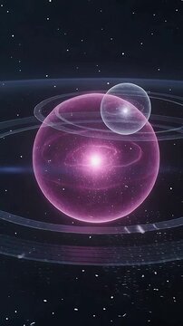 Vertical video: Rotating pink sphere pulsing as small sphere moving right in space, with rings