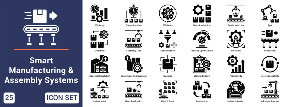Smart Manufacturing & Assembly Systems  Icon set collection. Vector icon pack featuring thematic icons for your presentations or business.