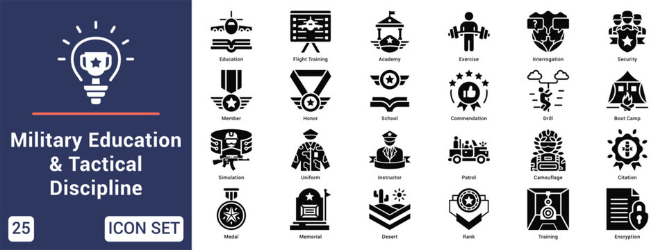 Military Education & Tactical Discipline  Icon set collection. Vector icon pack featuring thematic icons for your presentations or business.