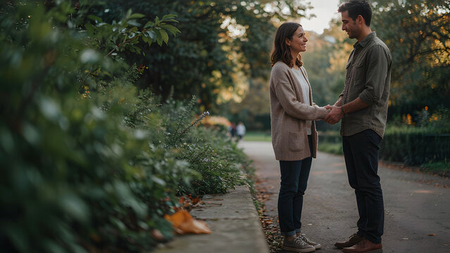 Two Adult Friends Reconnecting With a Warm Handshake After a Conversation