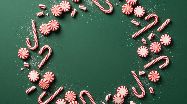 Candy Cane Wreath Frame with Peppermint Sweets on Green Background