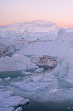 Icebergs from glacier in arctic nature landscape on Greenland.