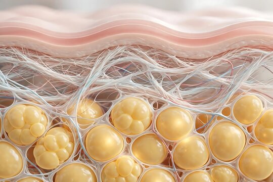 3d illustration of human skin anatomy showing the epidermis, dermis, and subcutaneous fat layer with connective tissue