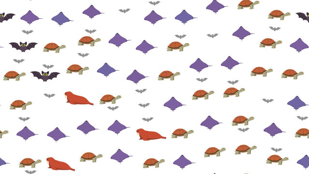 Seamless pattern of cartoon bats, turtles, stingrays, and walrus